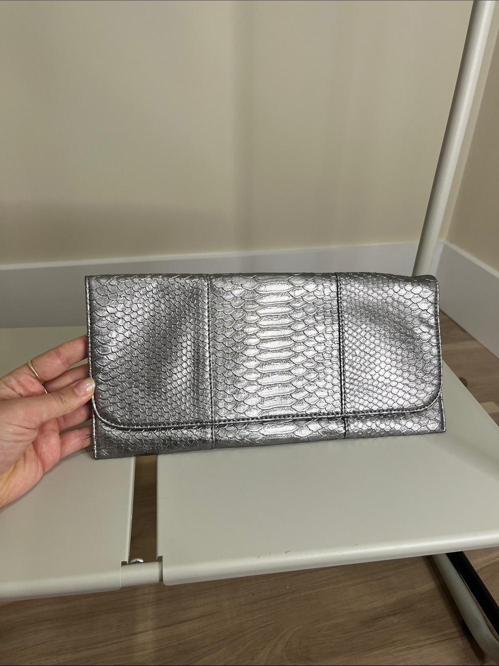 Deena & Ozzy Silver Snake-Embossed Clutch